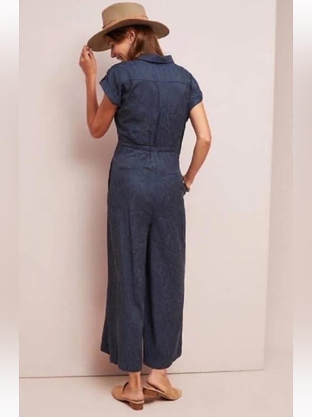 Ett:Twa James by Anthropologie Tie-Waist Button-Front Jumpsuit, Dark Navy Sz 12 - Picture 3 of 15